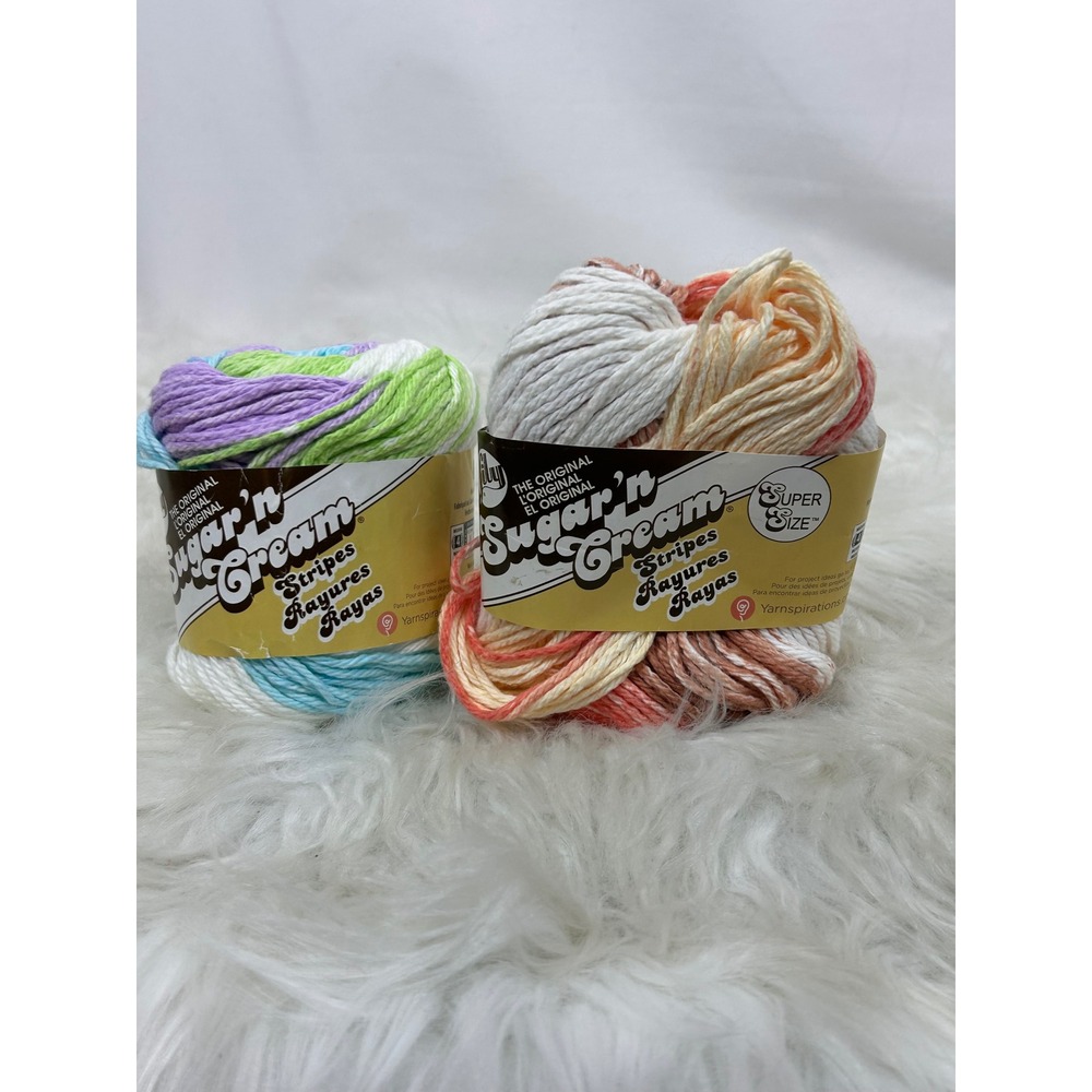 Lily Sugar n Cream Stripes Cotton Yarn Lot 2 Skeins Natural Violet Worsted 4